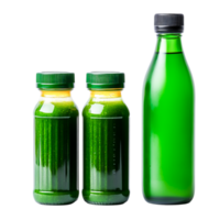 Green health drink bottles with fresh ingredients and vibrant color display png