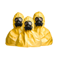 Three Individuals in Yellow Hazmat Suits with Gas Masks in Studio Setting png