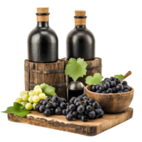 Rustic Still Life with Bottles, Grapes, and Wooden Barrel Table Setting png