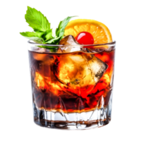 Refreshing Cocktail with Ice, Cherry, Mint, and Orange Garnish in Glass png