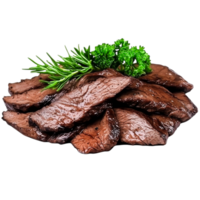 Deliciously Cooked Beef Slices Garnished with Fresh Herbs on png