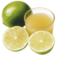 Fresh Lime with Juice in Glass and Sliced Green Citrus Fruit Display png