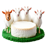 Playful Goat Figurines Surrounding Round Cheese on Grass Mat png