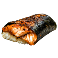 Grilled Salmon Sushi Roll Wrapped in Seaweed with Rice and Charred Texture png