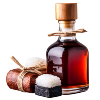 Dark glass bottle of syrup next to sushi and stacked ingredients on table png