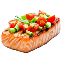 Grilled Salmon Fillet Topped with Chopped Vegetables and Herbs png