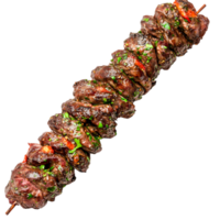 Grilled Skewered Meat Garnished with Fresh Herbs and Spices on png