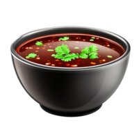 Fresh and Spicy Chili Sauce in Black Bowl with Green Herbs Garnish png