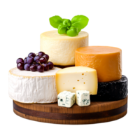 Assorted Cheese Selection with Grapes and Fresh Basil on Wooden Board png