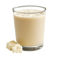 Creamy beverage with glass and a small piece of cheese on the side png