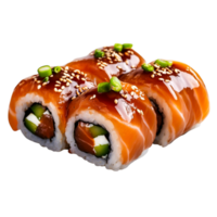 Fresh Sushi Rolls with Salmon, Avocado, Cucumber and Teriyaki Sauce png