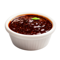Spicy Chili Sauce in White Ceramic Bowl with Fresh Basil Leaf Garnish png