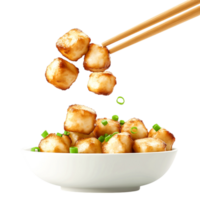 Delicious Crispy Fried Tofu with Green Onions on White Bowl Background png