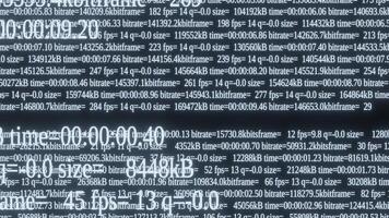 Data visualization of streaming metrics showing performance statistics and technical parameters on a digital display video
