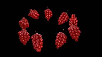 Clusters of red grapes arranged in a circular formation on a transparent background, rotating in random motion video