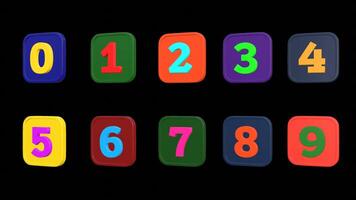 Colored numbers with square buttons from zero to nine on transparent background video