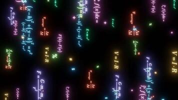 Colorful equations and formulas glow on dark background. Neon math numbers text with vertical display video