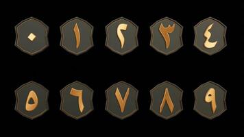 Set of stylized arabic numerals are displayed on a decorative shield with a transparent, gold textured background. video