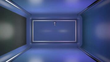 A slow zoom-in towards a closed door in a glowing blue sci-fi corridor video