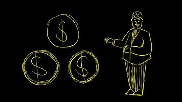 Three Large Hand-Drawn Dollar Coins with Businessman in Stop Motion Animation on Dark Background video