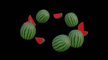 3D Watermelons and Slices Rotating in a Circle on Transparent Background video