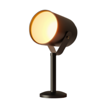 A black lamp with a yellow light is on a white background png