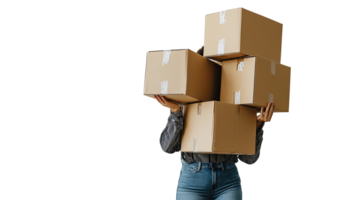 Courier Carrying Multiple Cardboard Boxes, Hands Peeking Out, Isolated on transparent background png