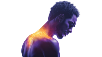 Conceptual Image of a Man with a Glowing Neck and Spine pain, Side View, Isolated on transparent background png