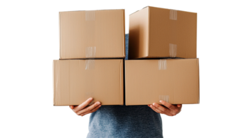 Man Holding Stack of Cardboard Boxes, Face Hidden Behind Packages, Isolated on transparent background png