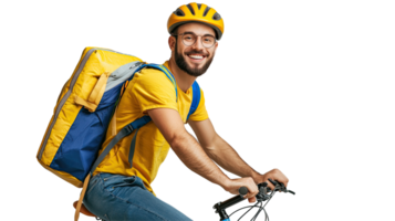 Delivery Cyclist in Yellow Helmet and Jacket with Blue Backpack, Riding Bicycle, Isolated on transparent background png