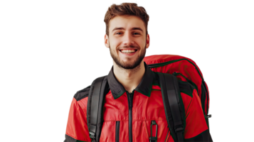 Happy Delivery Man in Red Jacket with Backpack, Looking at Camera, Isolated on transparent background png