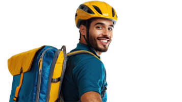 Smiling Delivery Cyclist in Blue Outfit with Yellow Helmet and Backpack, Isolated on transparent background png