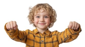 Happy Child in Yellow Checkered Shirt Flexing Arms, Smiling, Isolated on transparent background png