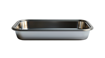 Stainless steel baking tray with reflective surface, isolated on transparent background png