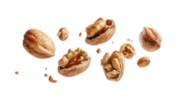 Cracked walnuts with shell fragments, isolated on transparent background png