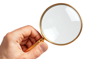 Hand holding a magnifying glass, isolated on transparent background png