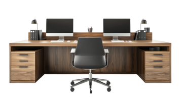 Professional office desk setup with chair and computers, isolated on transparent background png
