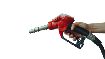 Red fuel nozzle held by a hand, isolated on transparent background png