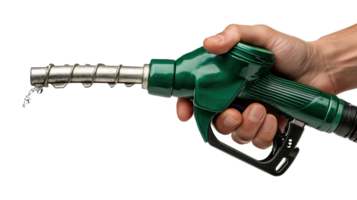 Green fuel nozzle in a person's hand, isolated on transparent background png