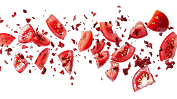 Smashed tomato piece with juice splatter, isolated on transparent background png
