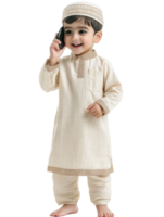 A little boy in a beige outfit talking on a cell phone png