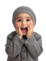 A baby in a gray sweater and hat is smiling png