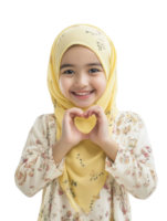 A little girl in a yellow hijab making a heart shape png