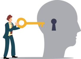 concept unlock new business idea invent new product. creativity concept smart businessman holding golden key about to insert into key hold on human head png