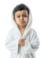 A young boy in a bathrobe with his hands on his chest png