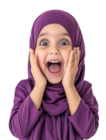 A young girl in a purple hijab is making a surprised face png