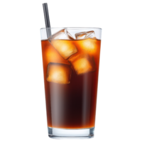 Free Isolated on Transparent Background, Refreshing iced black coffee drink served in tall glass with ice cubes and straw png
