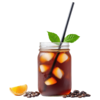 Free Isolated on Transparent Background, Refreshing coffee drink served in jar with ice and garnished with mint and orange png