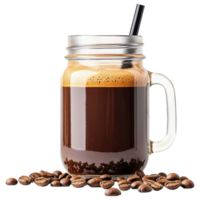 Free Isolated on Transparent Background, refreshing coffee drink served in jar with straw surrounded by coffee beans png