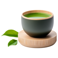 Free Isolated on Transparent Background, vibrant matcha drink served in stylish bowl on wooden coaster evokes sense of tranquility png